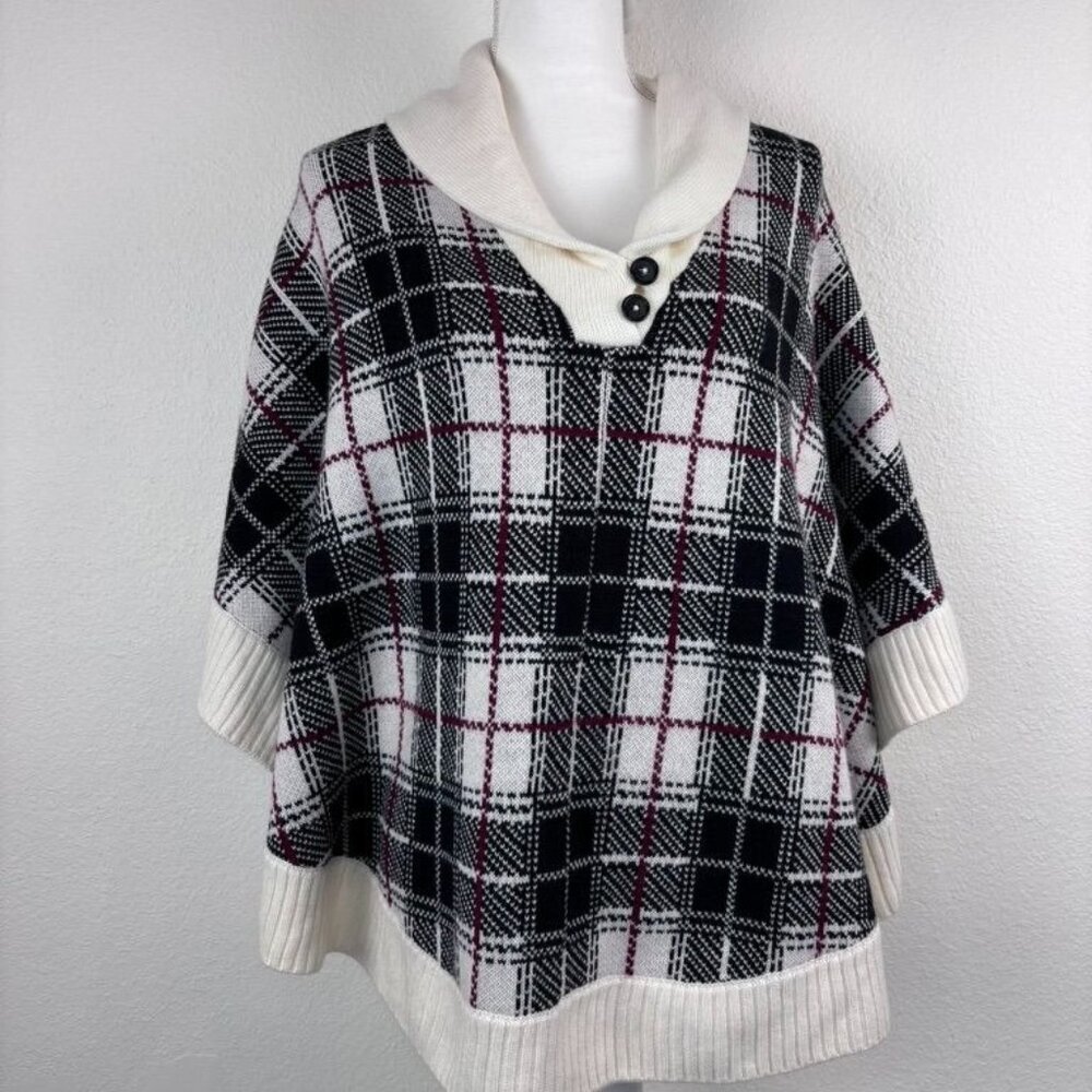 Talbots women's medium collared black ivory red knit wool blend poncho cape
